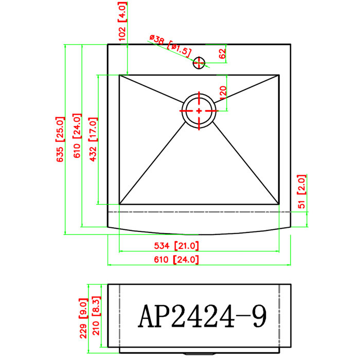 Alpha International Top Mount Apron Front 24" Farmhouse/Apron Kitchen